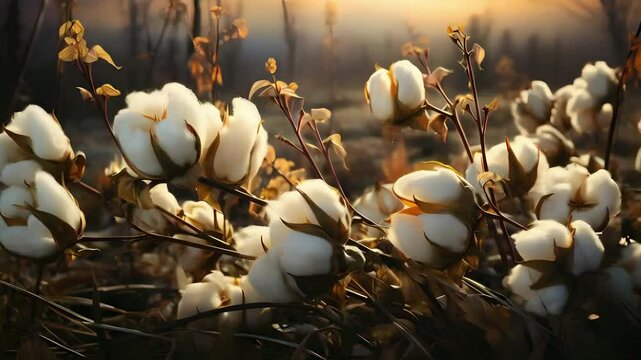 Video recreation of cotton flowers at sunset in the field
