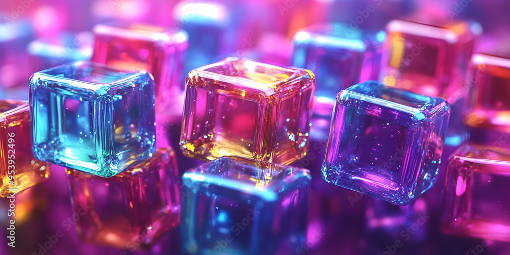 Poster colorful translucent cubes scattered on a reflective surface illuminated by vibrant lights in a dyna