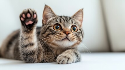 Playful Gray Tabby Cat on White Background, Agile and Curious Nature Generative AI