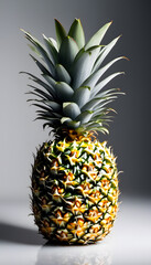 A fresh pineapple with a vibrant green crown and a textured golden-brown exterior, isolated background.