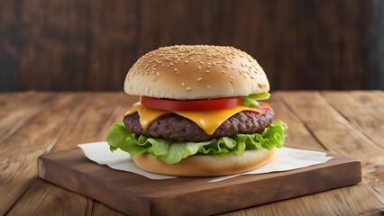 A hamburger with cheese and lettuce on a wooden table
