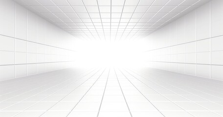 A minimalist white corridor that appears to extend into a bright light, creating a sense of depth and perspective.