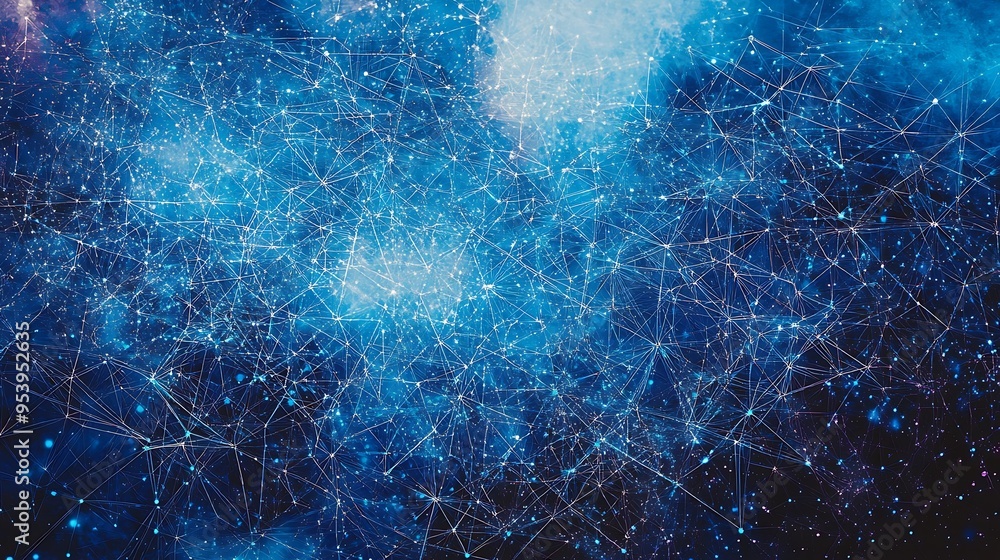 Poster abstract blue and white network pattern with glowing points
