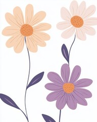 Three pastel-colored flowers with simple design on white background.