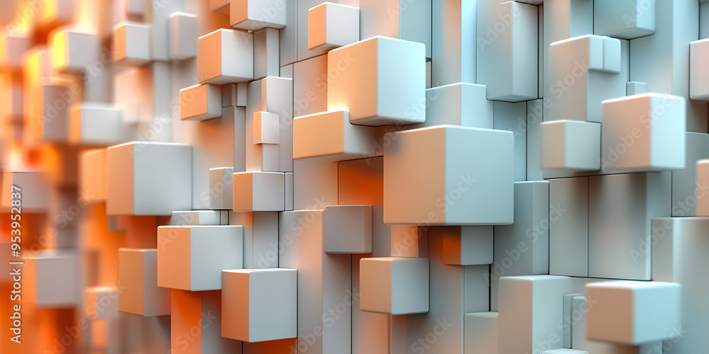 Poster abstract geometric wall featuring three-dimensional cubes in varying sizes with a warm orange gradie