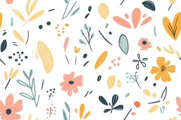 A playful and whimsical floral design with various colorful flowers and leaves on a white background.