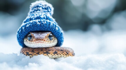 A snake wearing a blue knitted hat rests on a snowy surface during winter. Symbol of 2025 New year.