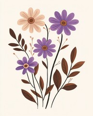 Stylized botanical illustration of daisies with purple and beige petals on beige background.