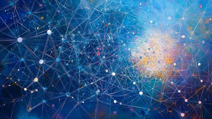 Abstract Network with White Nodes and a Blue, Orange, and Purple Background