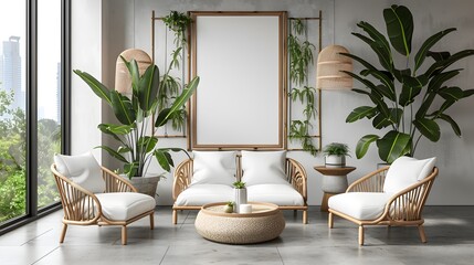 Luxury Home Design: Empty Frame, Sofa, and Potted Plants in a Modern Living Room