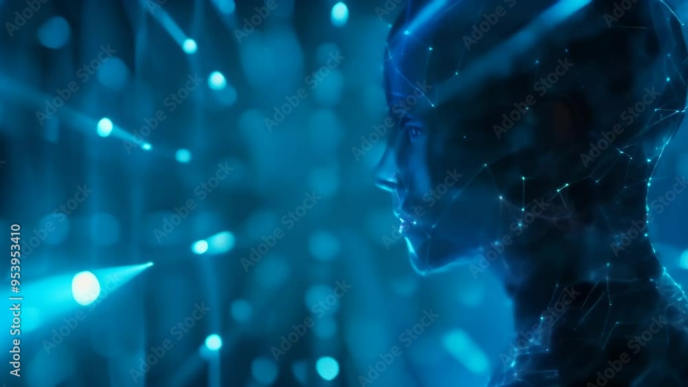Poster profile view of a futuristic human-like figure made of digital lights, symbolizing the merging of hu