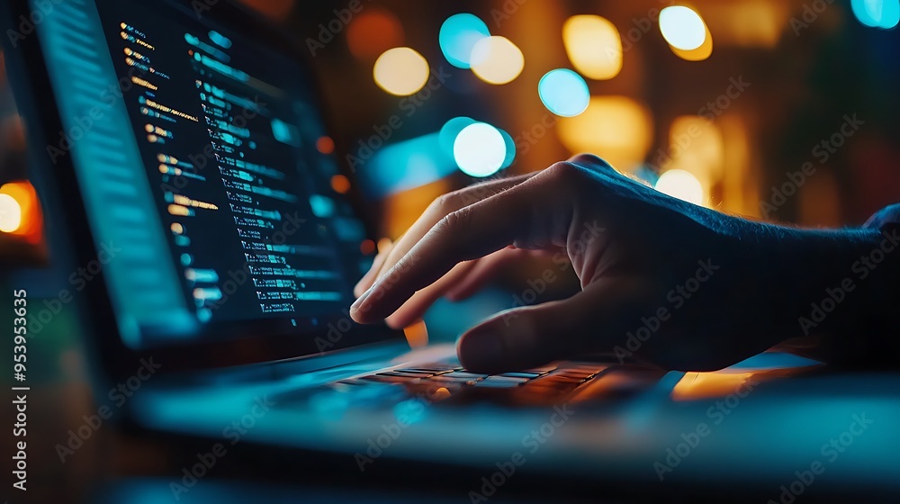 Poster close-up of a hand typing on a laptop with code displayed on the screen