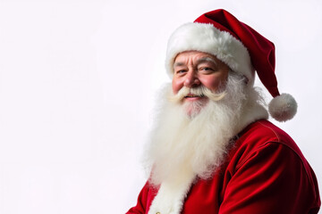 Traditional portrait of smiling Santa Claus wearing red hat and red jacket on white background. Copy space. AI generative.