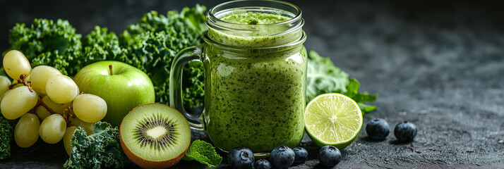Refreshing glass jar mugs filled with vibrant green kale smoothie surrounded by fresh ingredients on a dark surface