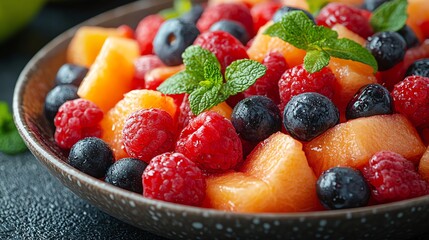Obraz premium Colorful fruit salad with a mix of berries, citrus, and melon, rich in antioxidants, brain health focus