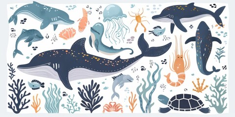 Obraz premium A collection of vector illustrations of sea animals, including whales, dolphins, and jellyfish, isolated on a white background.