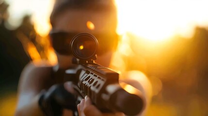 A focused shooter aims a rifle at sunset, embodying determination and precision in a dramatic outdoor scene.