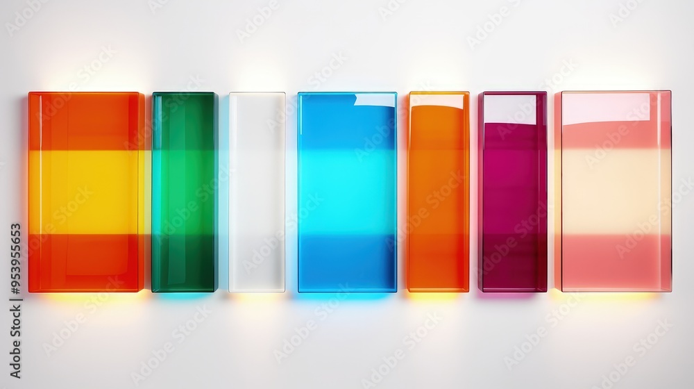 Poster a series of colorful, translucent rectangular blocks arranged in a row, creating a vibrant visual di