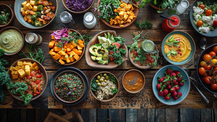 Colorful spread of fresh, healthy vegetarian dishes on a wooden table