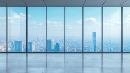 Modern cityscape view through large glass windows from an empty office space with a bright and clear blue sky.