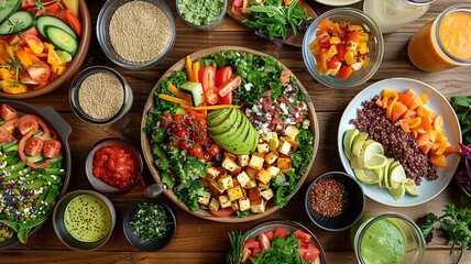 Fototapeta premium Colorful vegetable and grain spread served on a wooden table at a summer gathering