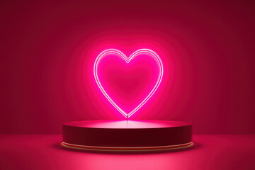 Pink neon heart shape glowing over an empty podium on pink background
