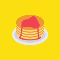 Pancakes on plate with cream and honey syrup sweet vector illustration. Tasty holiday cake food isolated on white