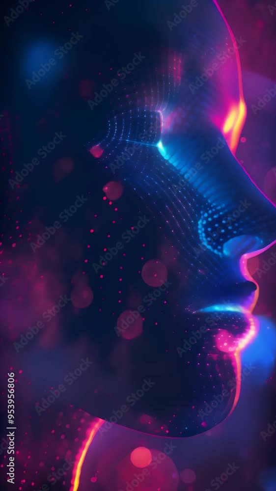 Poster neon glowing profile of a futuristic humanoid with digital patterns on dark background. concept of a