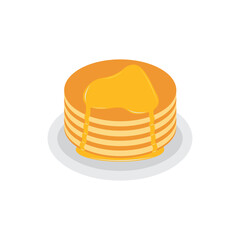 Pancakes on plate with cream and honey syrup sweet vector illustration. Tasty holiday cake food isolated on white