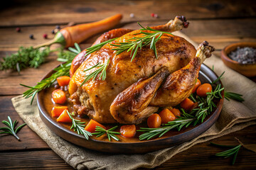 A roasted chicken with carrots and rosemary on top of a wooden plate. The chicken is golden brown and has a crispy skin. The carrots are sliced and arranged around the chicken