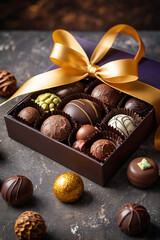 Closeup photo of open luxury chocolate box full of different flavored and shaped dark and white...