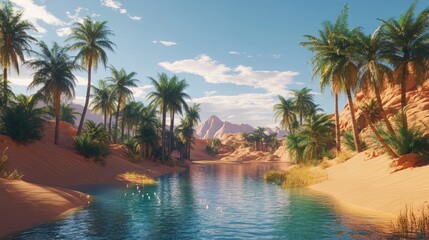 Oasis in the Desert with Palm Trees and a Blue Stream