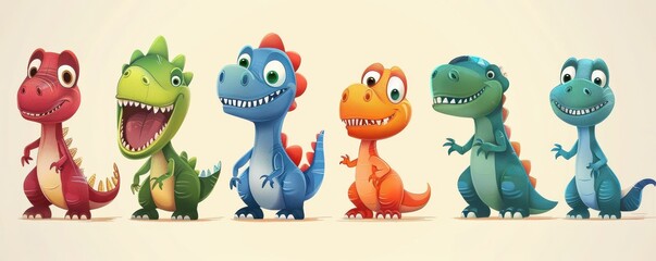 A lineup of colorful cartoon dinosaurs with various expressions, showcasing playful and friendly prehistoric characters.