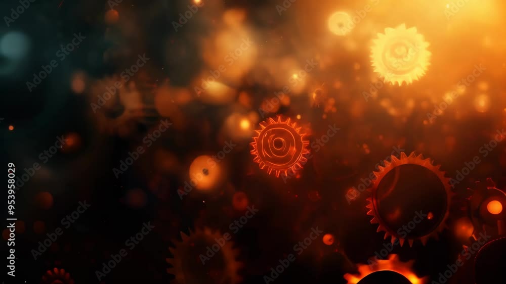 Poster glowing orange gears floating in a dark, abstract environment. concept of industrial mechanics and e
