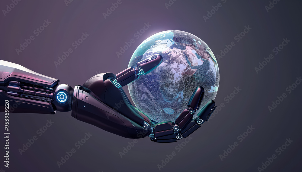 Poster a robot is holding a globe in its hand. the robot is made of metal and has a robotic arm. the globe 