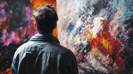 Artist standing in gallery composition background