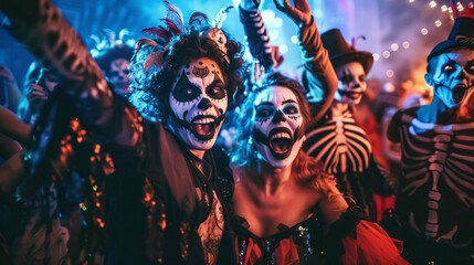 Festive halloween people dance in skeleton costumes