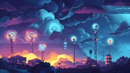 Obraz premium Detailed graphic depicting an IoT powered network of weather stations monitoring and analyzing storm formation movement and environmental data in real time