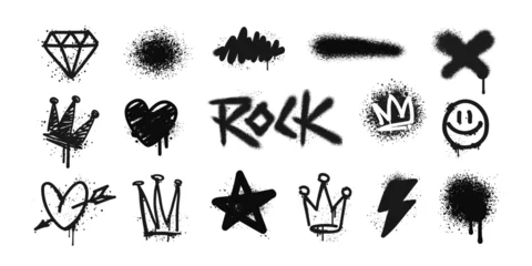 Fototapeten Graffiti Street Art Graffiti tag symbols and grunge Rock icons with spray paint effect: heart, diamond, star, rock, crown - isolated vector on white background  © VRTX