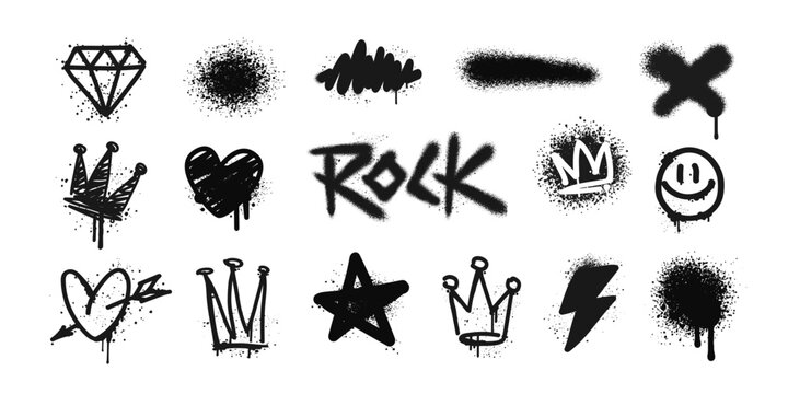Street Art Graffiti tag symbols and grunge Rock icons with spray paint effect: heart, diamond, star, rock, crown - isolated vector on white background