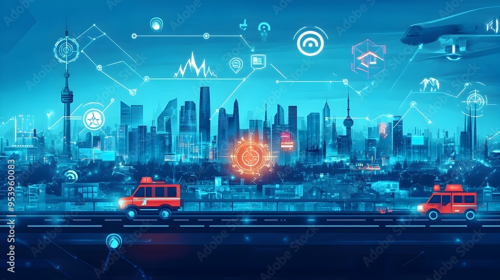 Poster innovative graphic showcasing iot connected technologies enabling efficient coordination of emergenc