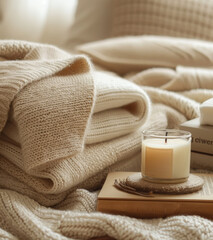 Cozy Corner with Soft Knitted Blankets and Candle