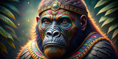 A powerful gorilla wears a colorful, oversized mask with intricate designs, blending primal strength with whimsical playfulness, set against a blurred, natural background.