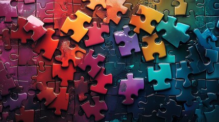 Multicolored Puzzle Pieces Interlocking with Reflective Surfaces