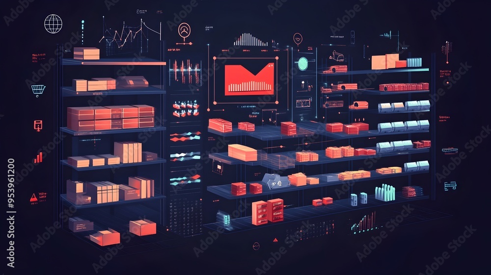 Poster innovative graphic depicting iot enabled smart shelves that provide real time sales and data visuali