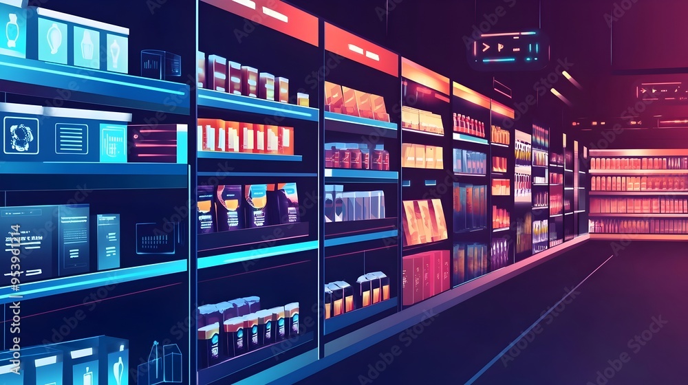 Poster innovative graphic depicting iot powered smart shelves that utilize sensors data analytics and autom