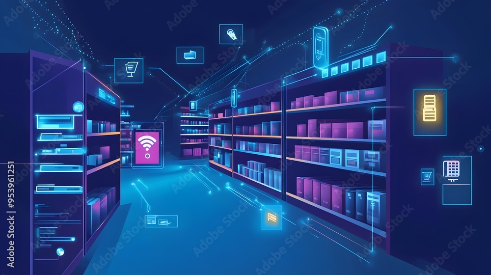 Poster innovative graphic depicting iot powered smart shelves that utilize sensors data analytics and autom