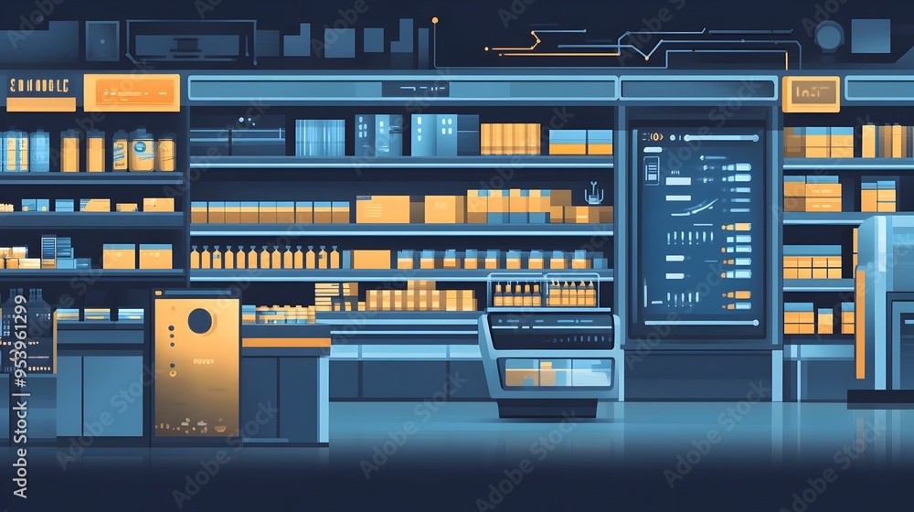 Poster smart shelves with automated price adjustment a graphic showcasing the of iot technology for efficie