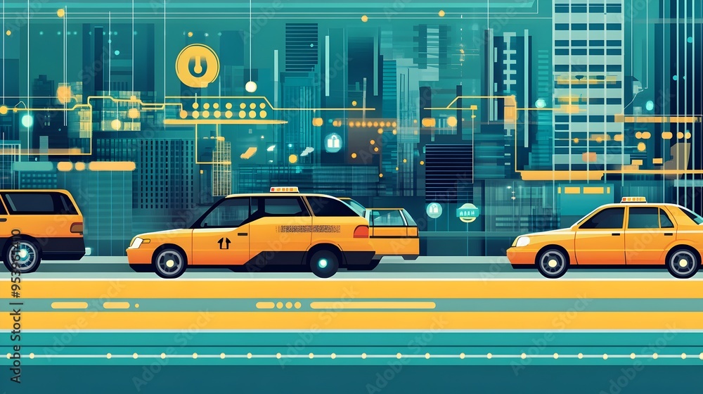 Poster of iot integrated taxis with automated fare calculation and other smart features graphic depicting t