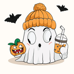  Ghost Character with Pumpkin and Boba Tea in Cute Halloween Theme